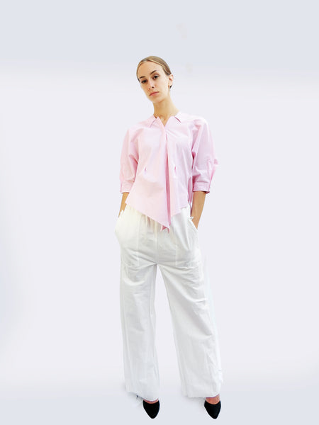 Six-quarter Sleeve Striped Shirt with Origami Classic Collar/Light pink