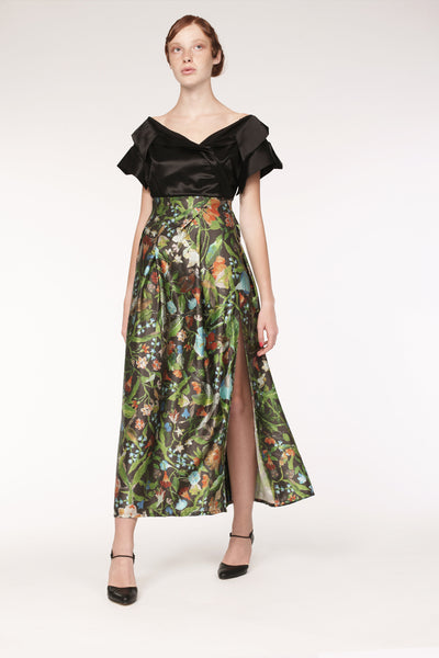 Open Collar High Waist Silk Maxi Dress / Black & Print - YOJIRO KAKE OFFICIAL