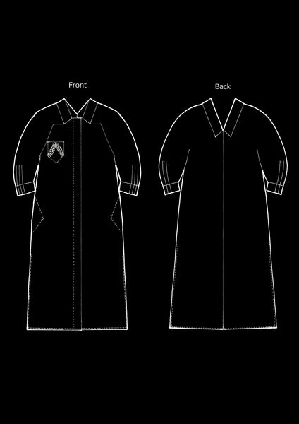 Origami Collar Virgin Wool Puff Sleeves Dress / Navy - YOJIRO KAKE OFFICIAL